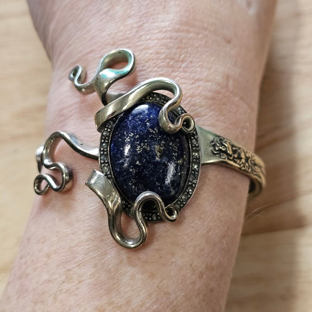 Vintage Fairfield Plate Silver Fork Cuff Bracelet with Lapis Stone Cabochon